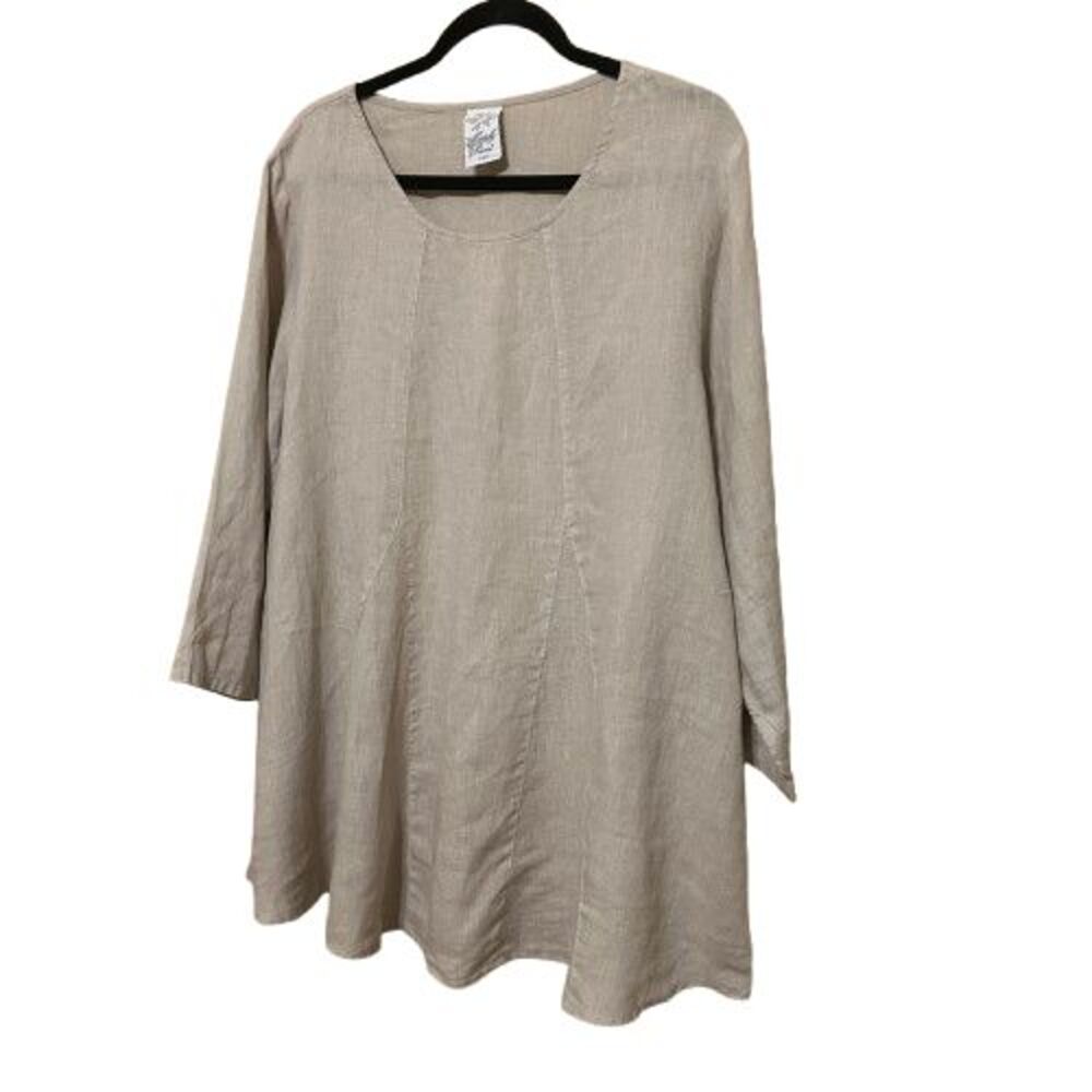 Match Point 100% Linen Tunic Top Womens Large Tan Brown Coastal Beachy Lagenlook - Picture 2 of 8